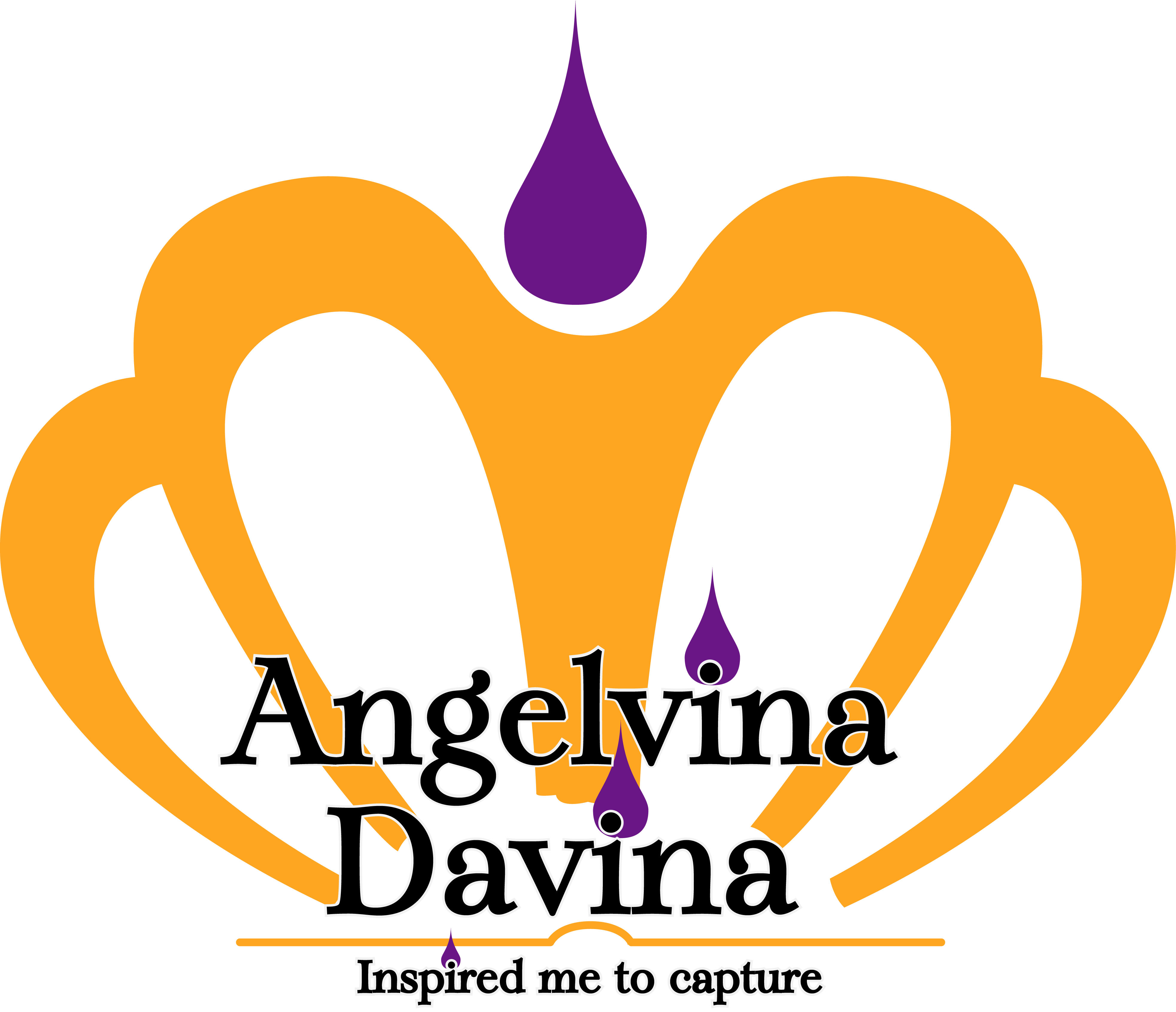 Logo with an orange crown shape, a purple teardrop at the top, text "Angelvina Davina" below, and the phrase "Inspired me to capture.